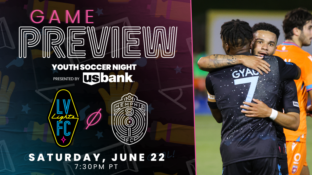 Game Preview graphic featuring Las Vegas Lights players Shawn Smart and Joe Gyau. Feature Las Vegas Lights and Memphis 901 FC crests