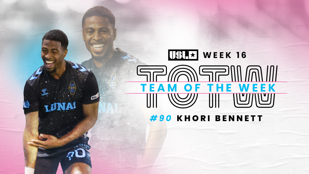 Copy reads "USL Championship Week 16 Team of the Week. #90 Khori Bennett". Features two images of Las Vegas Lights Forward Khori Bennett celebrating